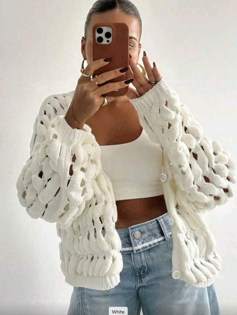 Chunky Open-Knit White Button Cardigan Sweater
